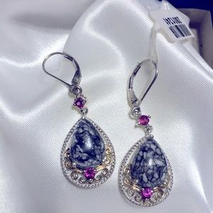 925 silver marked teardrop black agate amethyst hinged back pierced earrings new